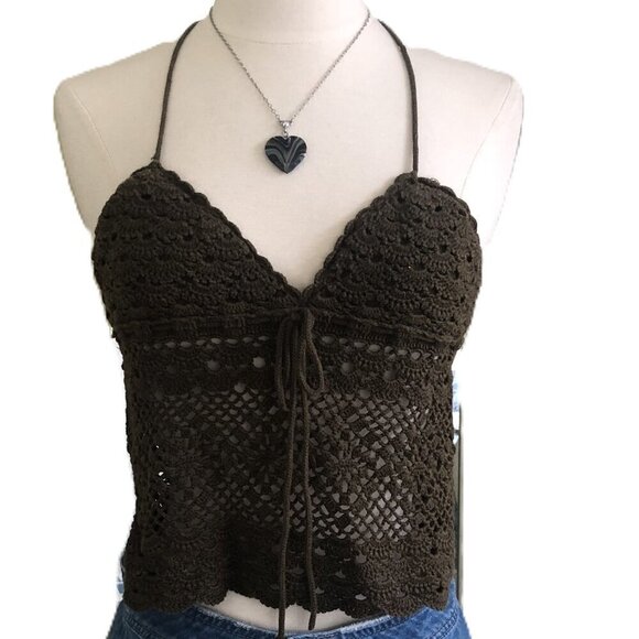 Homemade Crochet Y2K Green Halter Crop Top Small Sweetheart Festival Whimsigoth - Picture 2 of 9